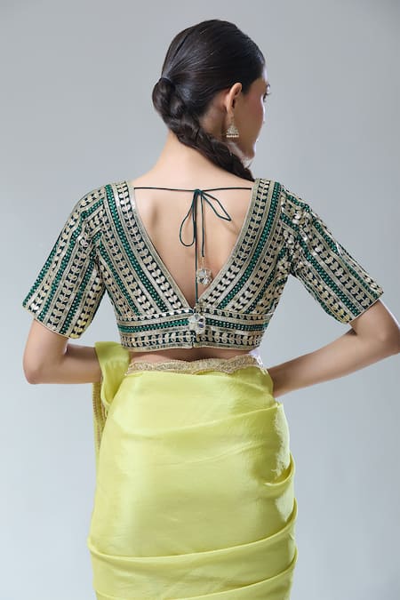 Shop_Samyukta Singhania_Emerald Green Sequins, Gota Patti Plunge Leaf Stripe Embroidered Saree Blouse _at_Aza_Fashions