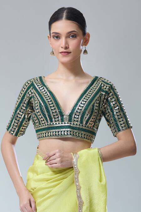 Samyukta Singhania_Emerald Green Sequins, Gota Patti Plunge Leaf Stripe Embroidered Saree Blouse _Online_at_Aza_Fashions