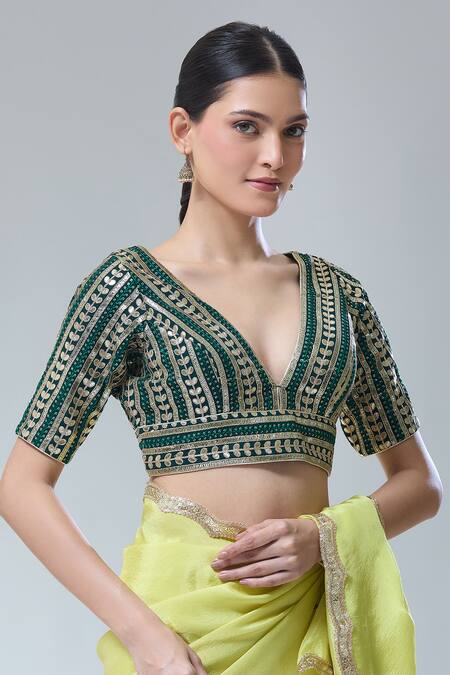 Buy_Samyukta Singhania_Emerald Green Sequins, Gota Patti Plunge Leaf Stripe Embroidered Saree Blouse _Online_at_Aza_Fashions