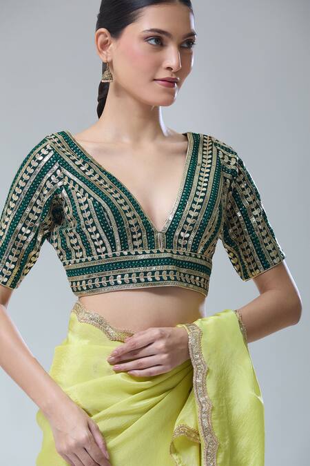Shop_Samyukta Singhania_Emerald Green Sequins, Gota Patti Plunge Leaf Stripe Embroidered Saree Blouse _Online_at_Aza_Fashions
