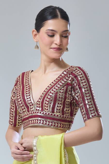 Samyukta Singhania Maroon Gota Patti, Sequins Plunge Neck Embroidered Saree Blouse Online at Aza Fashions Samyukta Singhania_Maroon Gota Patti, Sequins Plunge Neck Embroidered Saree Blouse _Online_at_Aza_Fashions