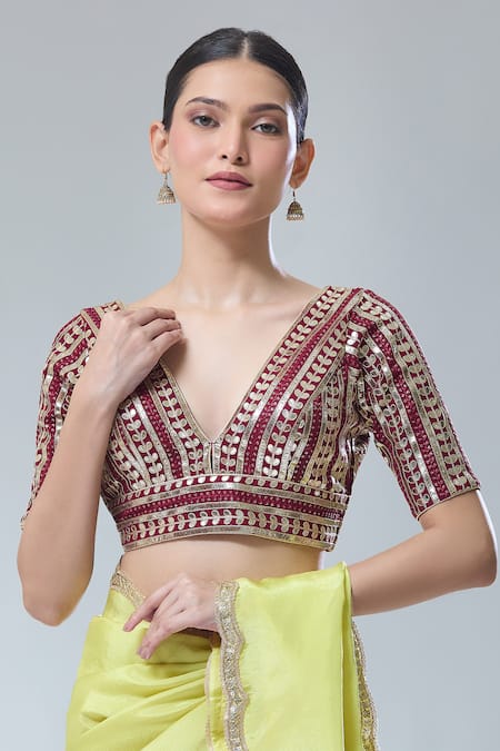 Buy Samyukta Singhania Maroon Gota Patti, Sequins Plunge Neck Embroidered Saree Blouse Online at Aza Fashions Buy_Samyukta Singhania_Maroon Gota Patti, Sequins Plunge Neck Embroidered Saree Blouse _Online_at_Aza_Fashions