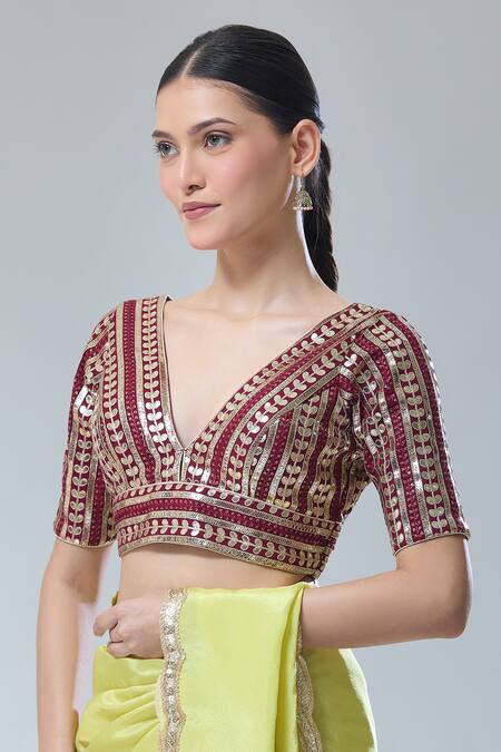 Shop Samyukta Singhania Maroon Gota Patti, Sequins Plunge Neck Embroidered Saree Blouse Online at Aza Fashions Shop_Samyukta Singhania_Maroon Gota Patti, Sequins Plunge Neck Embroidered Saree Blouse _Online_at_Aza_Fashions