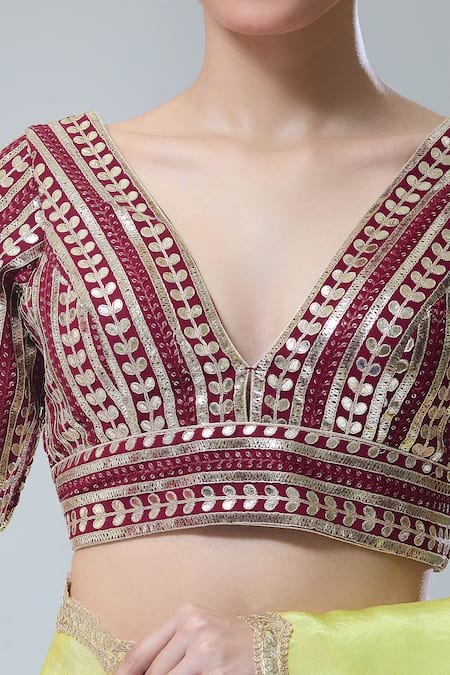 Samyukta Singhania Maroon Gota Patti, Sequins Plunge Neck Embroidered Saree Blouse at Aza Fashions Samyukta Singhania_Maroon Gota Patti, Sequins Plunge Neck Embroidered Saree Blouse _at_Aza_Fashions