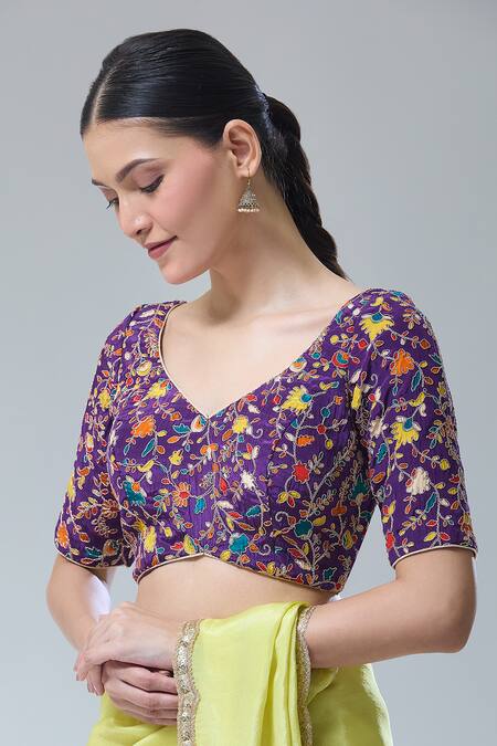 Samyukta Singhania Purple Embroidery, Zari Open Neck Garden Print Saree Blouse Online at Aza Fashions Samyukta Singhania_Purple Embroidery, Zari Open Neck Garden Print Saree Blouse _Online_at_Aza_Fashions