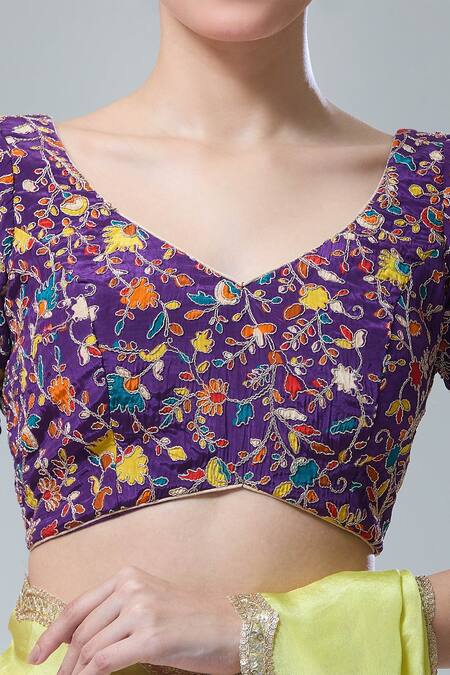 Buy Samyukta Singhania Purple Embroidery, Zari Open Neck Garden Print Saree Blouse Online at Aza Fashions Buy_Samyukta Singhania_Purple Embroidery, Zari Open Neck Garden Print Saree Blouse _Online_at_Aza_Fashions