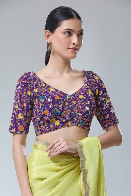 Shop Samyukta Singhania Purple Embroidery, Zari Open Neck Garden Print Saree Blouse Online at Aza Fashions Shop_Samyukta Singhania_Purple Embroidery, Zari Open Neck Garden Print Saree Blouse _Online_at_Aza_Fashions