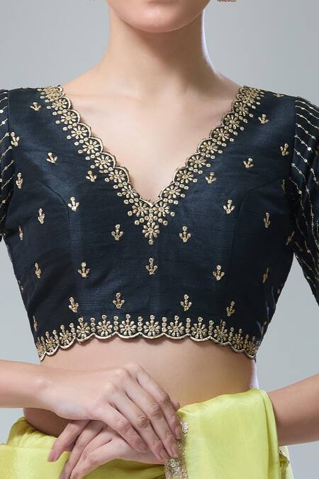 Samyukta Singhania Black Silk Scoop Neck Zari Thread Embroidered Saree Blouse Online at Aza Fashions Samyukta Singhania_Black Silk Scoop Neck Zari Thread Embroidered Saree Blouse _Online_at_Aza_Fashions