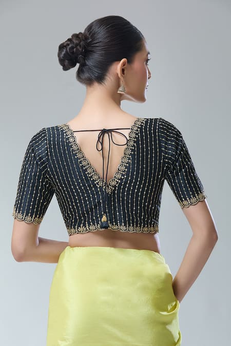 Shop Samyukta Singhania Black Silk Scoop Neck Zari Thread Embroidered Saree Blouse at Aza Fashions Shop_Samyukta Singhania_Black Silk Scoop Neck Zari Thread Embroidered Saree Blouse _at_Aza_Fashions
