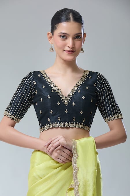 Buy Samyukta Singhania Black Silk Scoop Neck Zari Thread Embroidered Saree Blouse Online at Aza Fashions Buy_Samyukta Singhania_Black Silk Scoop Neck Zari Thread Embroidered Saree Blouse _Online_at_Aza_Fashions