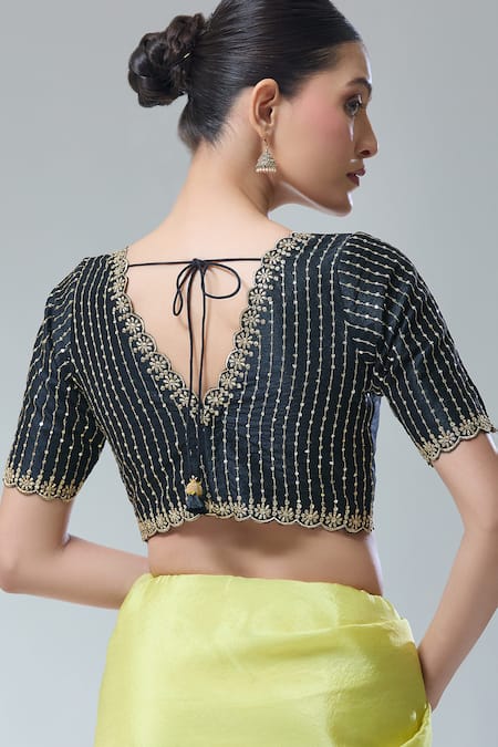 Shop Samyukta Singhania Black Silk Scoop Neck Zari Thread Embroidered Saree Blouse Online at Aza Fashions Shop_Samyukta Singhania_Black Silk Scoop Neck Zari Thread Embroidered Saree Blouse _Online_at_Aza_Fashions