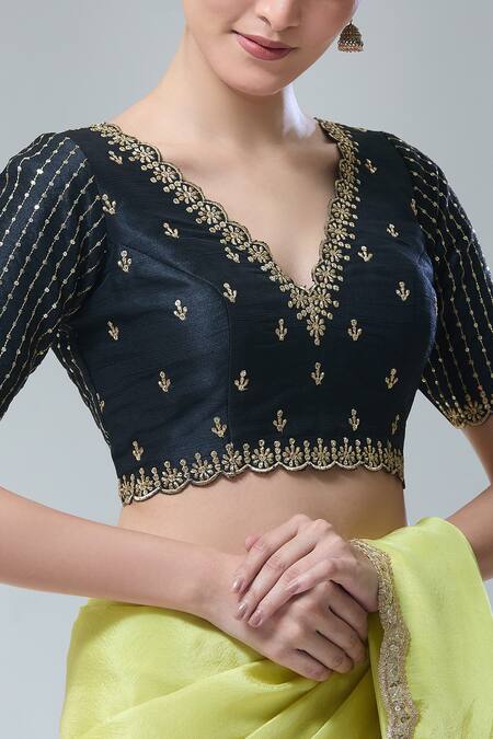 Samyukta Singhania Black Silk Scoop Neck Zari Thread Embroidered Saree Blouse at Aza Fashions Samyukta Singhania_Black Silk Scoop Neck Zari Thread Embroidered Saree Blouse _at_Aza_Fashions