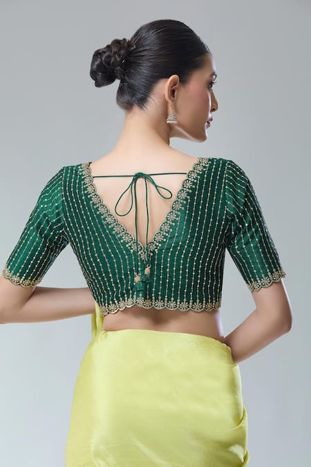 Samyukta Singhania Green Scallop V Neck Sequin Saree Blouse