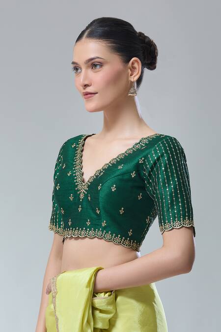 Buy_Samyukta Singhania_Green Silk Sequins, Zari Scoop Neck Scallop V Saree Blouse _Online_at_Aza_Fashions