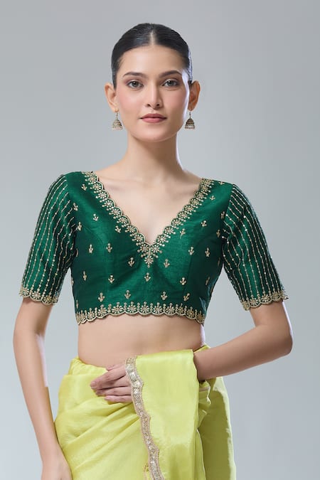 Shop_Samyukta Singhania_Green Silk Sequins, Zari Scoop Neck Scallop V Saree Blouse _Online_at_Aza_Fashions