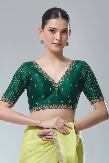 Samyukta Singhania_Green Silk Sequins, Zari Scoop Neck Scallop V Saree Blouse _at_Aza_Fashions