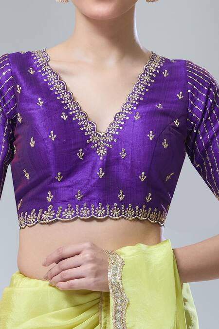 Samyukta Singhania Purple Silk Sequins, Zari Scoop Neck Floral Embroidered Saree Blouse Online at Aza Fashions Samyukta Singhania_Purple Silk Sequins, Zari Scoop Neck Floral Embroidered Saree Blouse _Online_at_Aza_Fashions