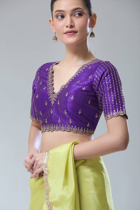 Shop Samyukta Singhania Purple Silk Sequins, Zari Scoop Neck Floral Embroidered Saree Blouse Online at Aza Fashions Shop_Samyukta Singhania_Purple Silk Sequins, Zari Scoop Neck Floral Embroidered Saree Blouse _Online_at_Aza_Fashions