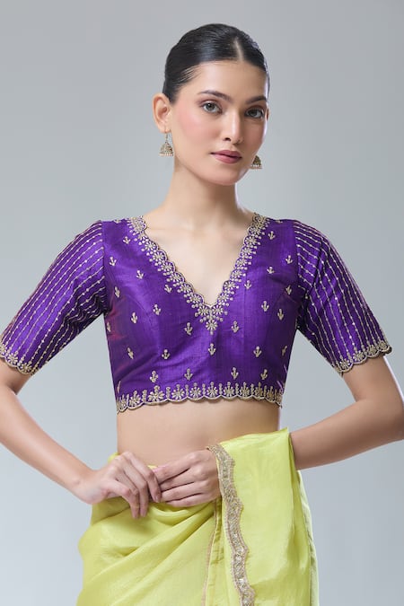 Shop Samyukta Singhania Purple Silk Sequins, Zari Scoop Neck Floral Embroidered Saree Blouse at Aza Fashions Shop_Samyukta Singhania_Purple Silk Sequins, Zari Scoop Neck Floral Embroidered Saree Blouse _at_Aza_Fashions