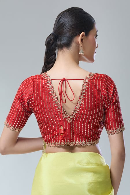 Shop_Samyukta Singhania_Red Silk Sequins, Zari Scoop Neck Dark Stripe Saree Blouse _at_Aza_Fashions