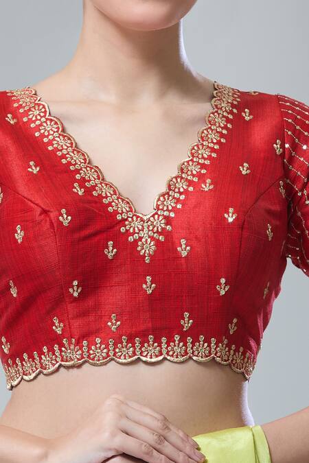 Samyukta Singhania_Red Silk Sequins, Zari Scoop Neck Dark Stripe Saree Blouse _Online_at_Aza_Fashions