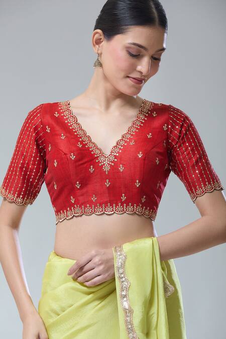 Buy_Samyukta Singhania_Red Silk Sequins, Zari Scoop Neck Dark Stripe Saree Blouse _Online_at_Aza_Fashions