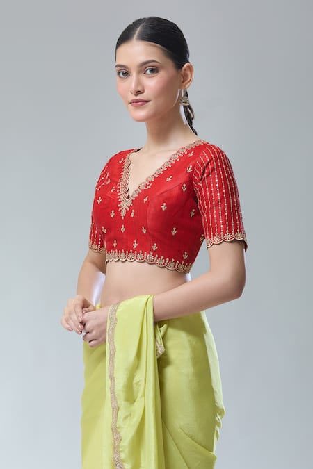 Shop_Samyukta Singhania_Red Silk Sequins, Zari Scoop Neck Dark Stripe Saree Blouse _Online_at_Aza_Fashions