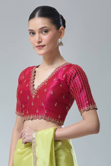 Samyukta Singhania Magenta , Chanderi Sequins, Zari Scoop Floral Embroidered Saree Blouse Online at Aza Fashions Samyukta Singhania_Magenta , Chanderi Sequins, Zari Scoop Floral Embroidered Saree Blouse _Online_at_Aza_Fashions