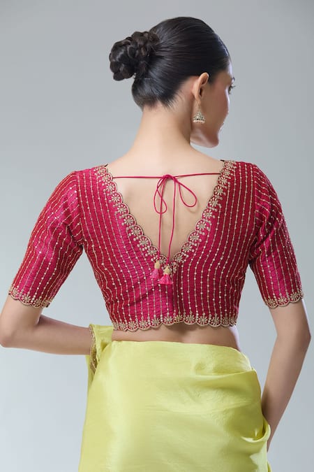 Shop Samyukta Singhania Magenta , Chanderi Sequins, Zari Scoop Floral Embroidered Saree Blouse at Aza Fashions Shop_Samyukta Singhania_Magenta , Chanderi Sequins, Zari Scoop Floral Embroidered Saree Blouse _at_Aza_Fashions