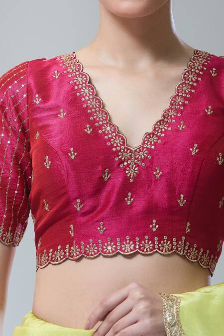 Shop Samyukta Singhania Magenta , Chanderi Sequins, Zari Scoop Floral Embroidered Saree Blouse Online at Aza Fashions Shop_Samyukta Singhania_Magenta , Chanderi Sequins, Zari Scoop Floral Embroidered Saree Blouse _Online_at_Aza_Fashions