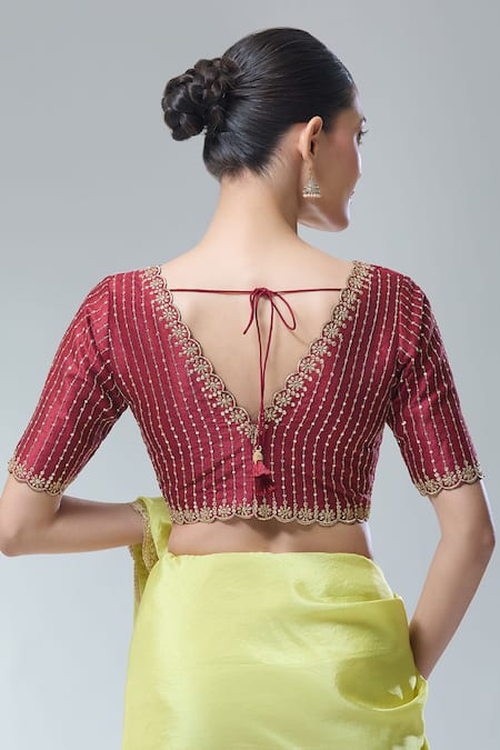Shop Samyukta Singhania Maroon Silk Sequins, Zari V-neck Scallop Embroidered Blouse at Aza Fashions Shop_Samyukta Singhania_Maroon Silk Sequins, Zari V-neck Scallop Embroidered Blouse _at_Aza_Fashions