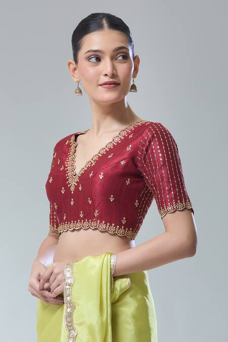 Samyukta Singhania Maroon Silk Sequins, Zari V-neck Scallop Embroidered Blouse Online at Aza Fashions Samyukta Singhania_Maroon Silk Sequins, Zari V-neck Scallop Embroidered Blouse _Online_at_Aza_Fashions