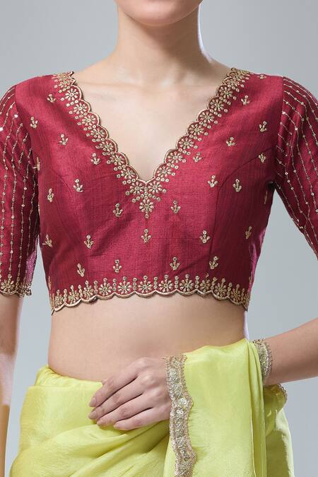 Buy Samyukta Singhania Maroon Silk Sequins, Zari V-neck Scallop Embroidered Blouse Online at Aza Fashions Buy_Samyukta Singhania_Maroon Silk Sequins, Zari V-neck Scallop Embroidered Blouse _Online_at_Aza_Fashions