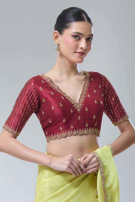 Shop Samyukta Singhania Maroon Silk Sequins, Zari V-neck Scallop Embroidered Blouse Online at Aza Fashions Shop_Samyukta Singhania_Maroon Silk Sequins, Zari V-neck Scallop Embroidered Blouse _Online_at_Aza_Fashions