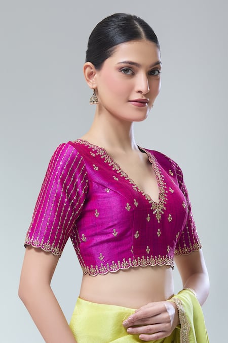 Buy_Samyukta Singhania_Purple , Chanderi Sequins, Zari Scoop Neck Embroidered Saree Blouse _Online_at_Aza_Fashions