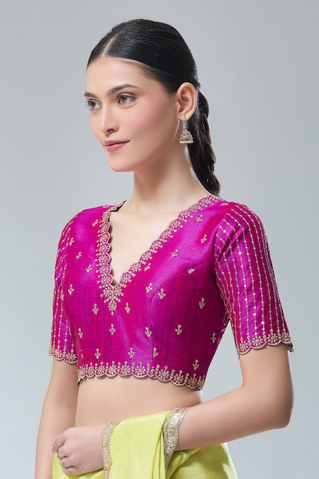 Shop_Samyukta Singhania_Purple , Chanderi Sequins, Zari Scoop Neck Embroidered Saree Blouse _Online_at_Aza_Fashions