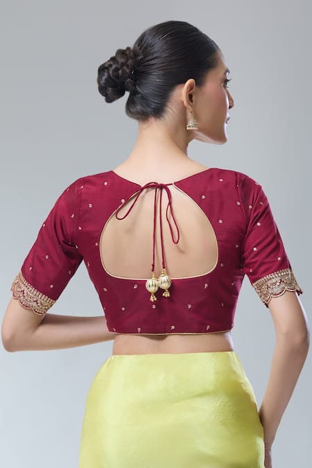 Shop_Naintara Bajaj_Maroon Silk Sequins, Zari Embroidered Saree Blouse _at_Aza_Fashions