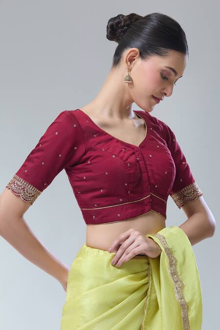 Naintara Bajaj_Maroon Silk Sequins, Zari Embroidered Saree Blouse _Online_at_Aza_Fashions