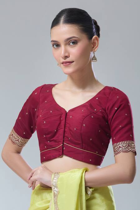 Buy_Naintara Bajaj_Maroon Silk Sequins, Zari Embroidered Saree Blouse _Online_at_Aza_Fashions