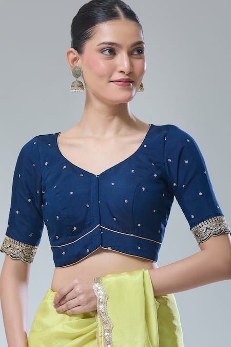 Naintara Bajaj_Blue Silk Sequins, Zari Round Neck Navy Scallop Sleeve Saree Blouse _Online_at_Aza_Fashions