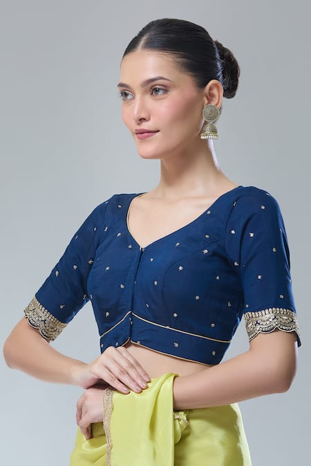 Buy_Naintara Bajaj_Blue Silk Sequins, Zari Round Neck Navy Scallop Sleeve Saree Blouse _Online_at_Aza_Fashions