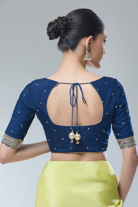 Shop_Naintara Bajaj_Blue Silk Sequins, Zari Round Neck Navy Scallop Sleeve Saree Blouse _at_Aza_Fashions