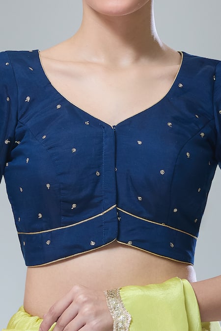 Shop_Naintara Bajaj_Blue Silk Sequins, Zari Round Neck Navy Scallop Sleeve Saree Blouse _Online_at_Aza_Fashions