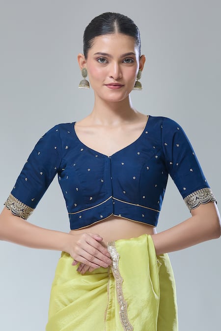 Naintara Bajaj_Blue Silk Sequins, Zari Round Neck Navy Scallop Sleeve Saree Blouse _at_Aza_Fashions