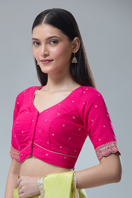 Buy_Naintara Bajaj_Pink Silk Sequins, Zari Open Neck Scallop Embroidered Saree Blouse _Online_at_Aza_Fashions