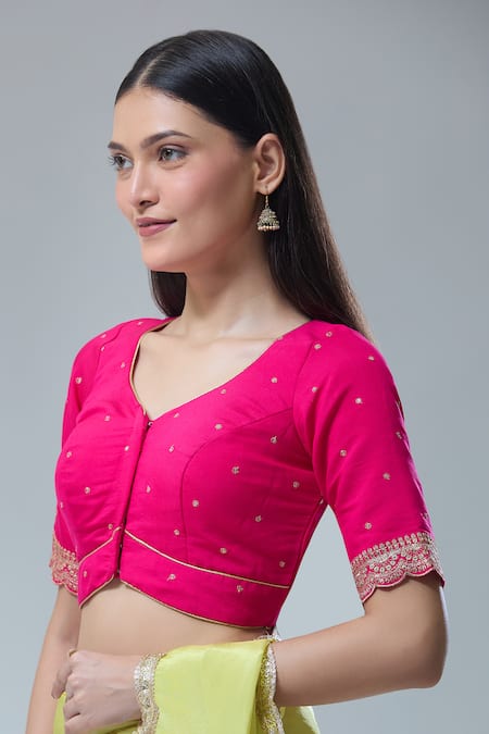 Shop_Naintara Bajaj_Pink Silk Sequins, Zari Open Neck Scallop Embroidered Saree Blouse _Online_at_Aza_Fashions