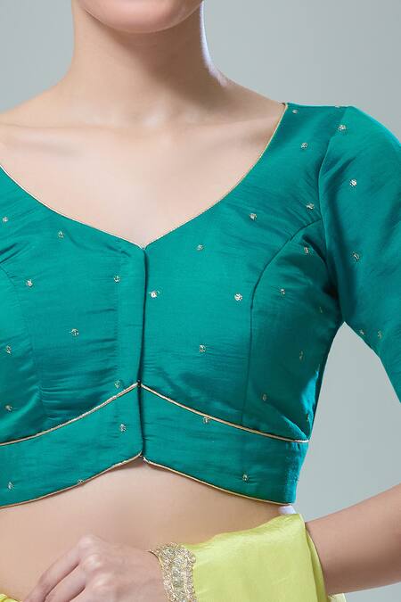 Naintara Bajaj_Green Silk Sequins, Zari Asymmetric Thread Embroidered Saree Blouse _Online_at_Aza_Fashions