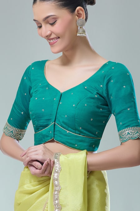 Buy_Naintara Bajaj_Green Silk Sequins, Zari Asymmetric Thread Embroidered Saree Blouse _Online_at_Aza_Fashions