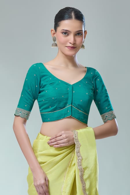 Shop_Naintara Bajaj_Green Silk Sequins, Zari Asymmetric Thread Embroidered Saree Blouse _Online_at_Aza_Fashions