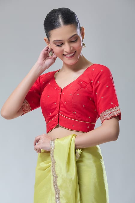Naintara Bajaj_Red Silk Sequins, Zari Open Neck Embroidered Saree Blouse _Online_at_Aza_Fashions